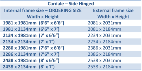 Cardale side hinged doors size chart